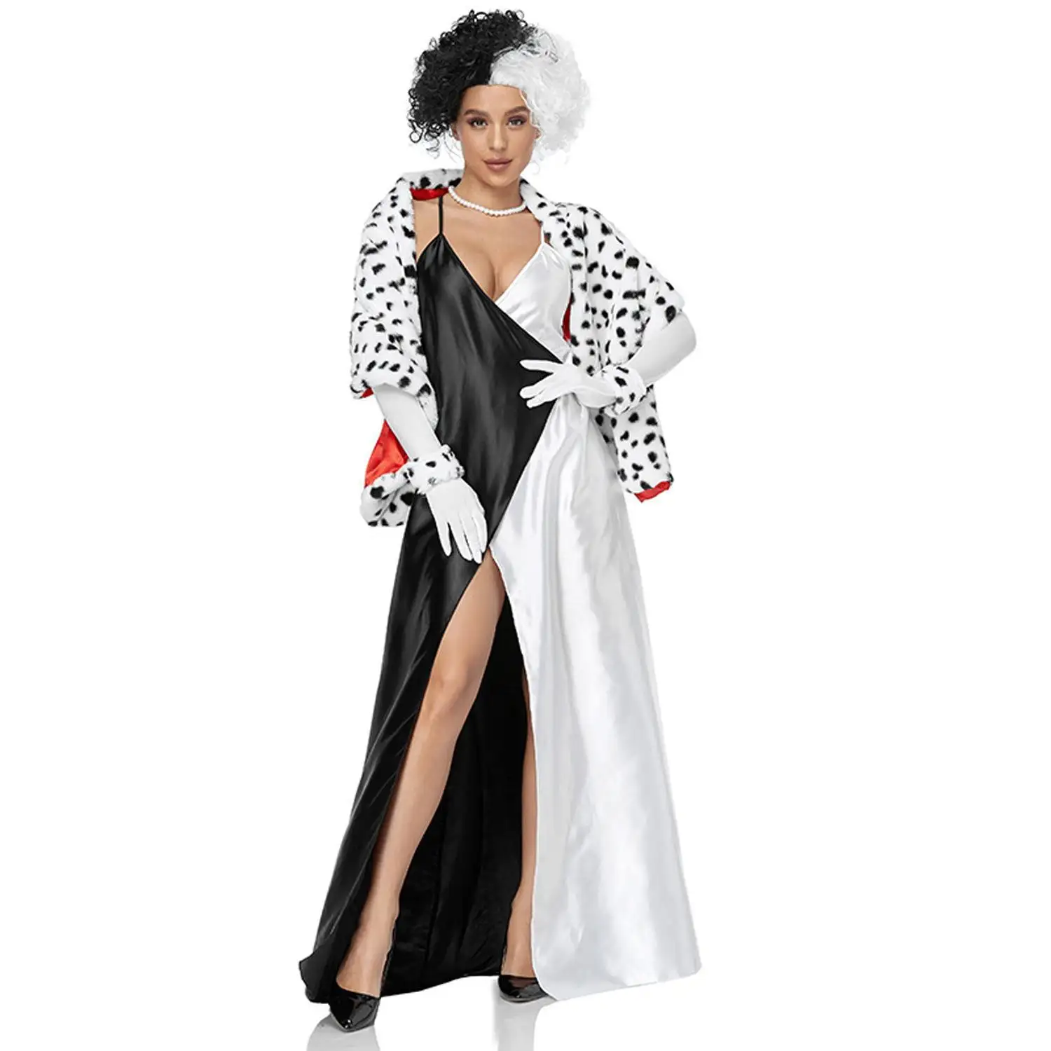 Halloween in bianco e nero abito lungo scialle parrucca Set completo Costume CRUELLA maculato cane Movie Party gioco di ruolo vestito con bretelle
