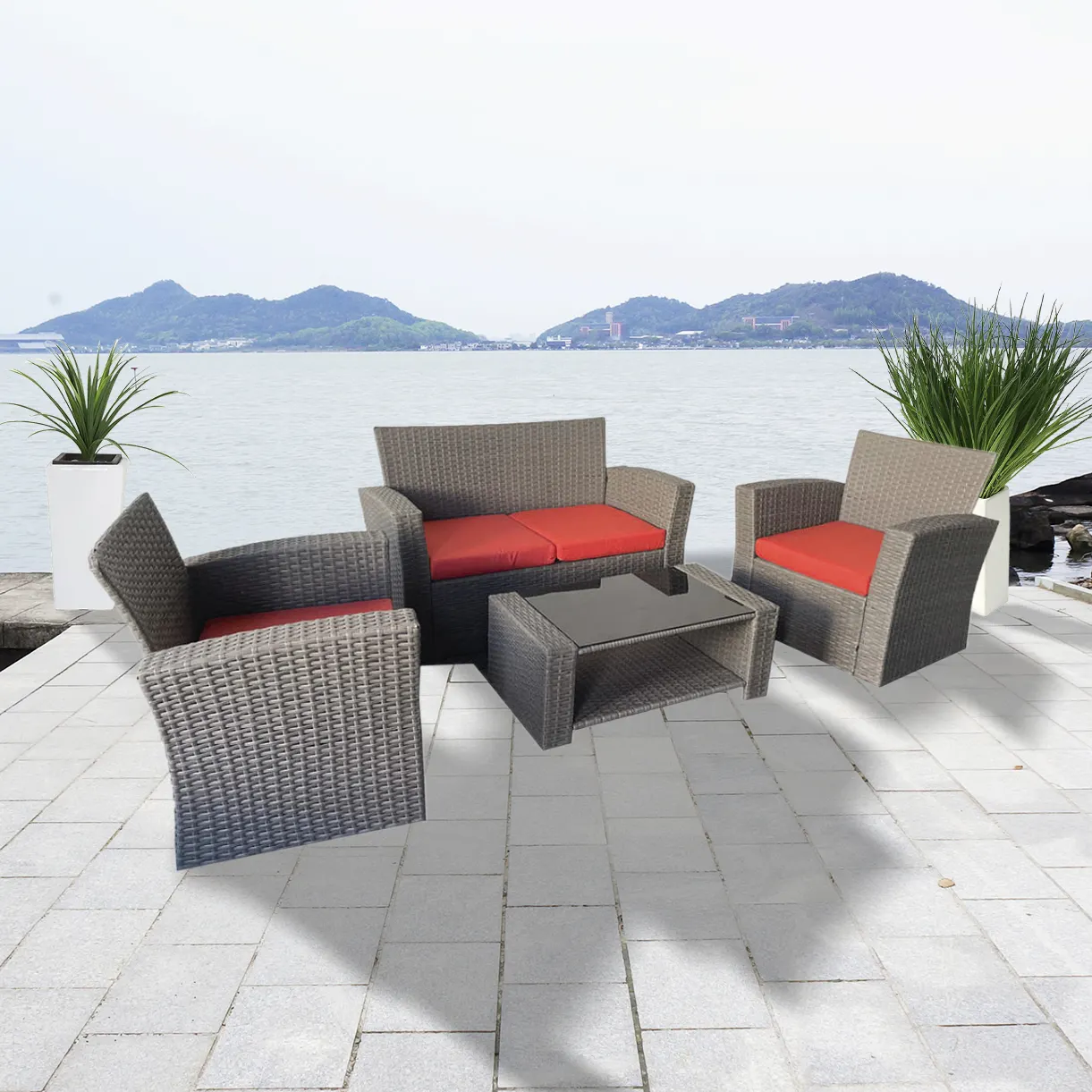 K/D Outdoor Rotan Meubelen 4 Stuks Bistro Set(Loveseat,2 * Fauteuils En Salontafel) Verweerde Rieten Sofa Set Met Kussens