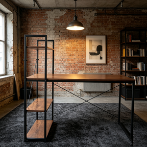 <span class=keywords><strong>Bureau</strong></span> d'ordinateur industriel avec étagères de <span class=keywords><strong>rangement</strong></span>, table d'écriture pour <span class=keywords><strong>bureau</strong></span> à domicile, structure en bois et métal - Product Image 4