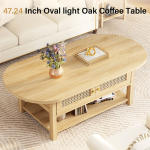 Đồ Nội Thất Phòng Khách Giữa Thế Kỷ Phong Cách Ánh Sáng Sồi Hình Bầu Dục Bàn Cà Phê Với Cửa Mây Và Mở Lưu Trữ Kệ - Product Image 4