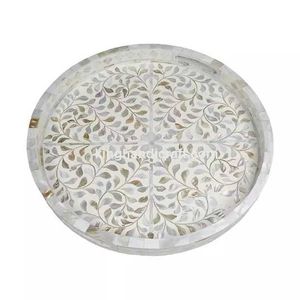 Plateau en bois avec incrustation de nacre bohème pour le Ramadan Eid Mubarak |   Plateau de service flexible artisanal pour aliments, boissons et dattes - Product Image 4