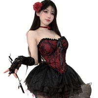 Ropa de Juego Lolita con Temática de Gatos Retro, Lencería Sexy, Corsé de Encaje Estilo Corte, Diseño Floral que Ajusta la Cintura