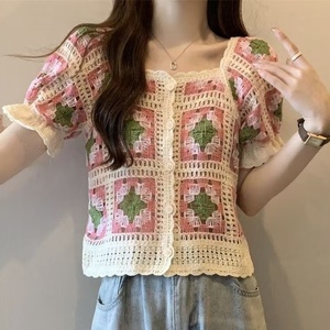 Cárdigan de punto vintage con cordones y manga corta para mujer, top corto con cuello en contraste, a la moda - Product Image 2