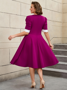 AM050220 <span class=keywords><strong>Abito</strong></span> Casual da Donna <span class=keywords><strong>Estivo</strong></span> Viola con Colletto Tondo, Maniche a Sbuffo, <span class=keywords><strong>Doppiopetto</strong></span> e Gonna Plissettata a Lunghezza Media - Product Image 3