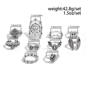 10 pz Set di anelli di pipistrello ragnatela gotico scuro Punk per uomo Hip-hop Color argento teschi con ala impilabile anello da dito gioielli di Halloween - Product Image 6