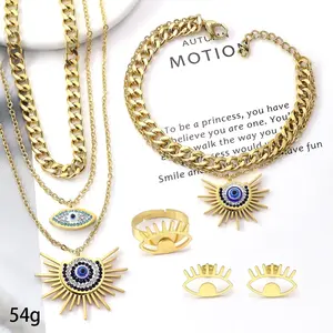 Nieuwe Dames Mode-sieraden Devil Eye Ambulet Blauw Kralen Gold Strap Ketting Oorbel Set 4 Stuks Sieraden Set
