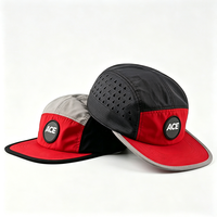 Casquette de camping 5 panneaux avec logo personnalisé en patch tissé, toile noire et rouge découpée au laser, pour activités de plein air, sport, voyage, adultes, unisexe, légère et à séchage rapide