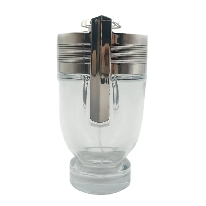 İtalyan yenilikçi tasarım lüks özel OEM 100ml şeffaf cam sprey parfüm şişesi gümüş kap ile
