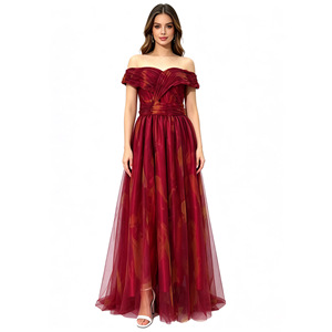 Vestido de noche de gasa con hombros descubiertos, estampado floral burdeos, falda maxi línea A, cintura imperio, vestido largo - Product Image 5