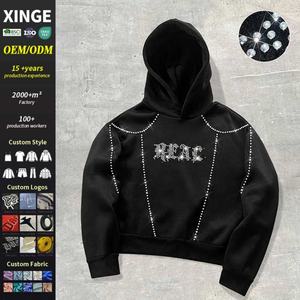 Sudadera con Capucha de Alta Calidad, Estilo Streetwear, Lavado Ácido, Efecto Desgastado, Estampado de Diamantes de Imitación, Talla Grande, Color Negro, para Hombre - Product Image 1
