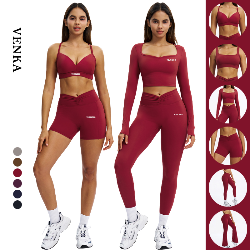 Gym Fitness Suit Womens Sports Bra V Shaped Neckline Long Sleeves and High Waist Fold Leggings Flared Yoga Sets for Women