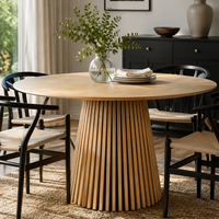 Table à manger ronde à piétement cannelé, placage en bois naturel, MDF, base fixe simple