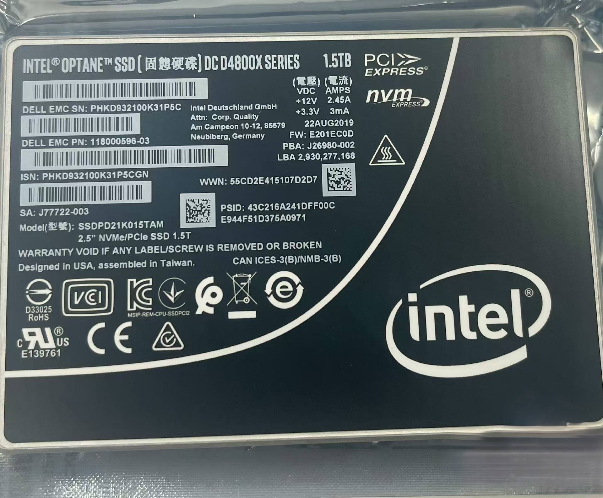 Intel Optane D4800X SSDPD21K015TAM Nvme Storage