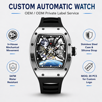 20 PIÈCES Montre Homme Personnalisée en Acier Inoxydable Tonneau, Bracelet Silicone, Squelette Creux Astronaute, Mouvement Mécanique Automatique à Réserve de Marche, 3 ATM