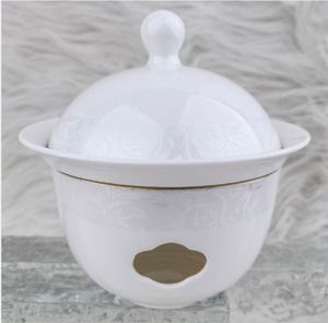 Juego de vajilla de porcelana fina de lujo con relieve, diseño floral azul y borde dorado, que incluye ollas, cuencos, platos y platillos de cerámica para hoteles de lujo y restaurantes. - Product Image 5