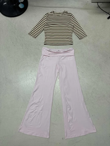 Striped Crop Tight Top Low Waist Button Cuff Flared Pants <b>Set</b> American Sweet Hot Street <b>Sexy</b> Two Piece Outfit - Product Image 6