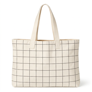 Sac fourre-tout en toile de coton avec fermeture éclair, écologique, design coréen simple, à carreaux, pour le shopping, sac à bandoulière - Product Image 1