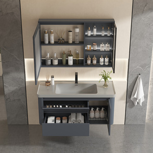 Mueble de Baño Moderno de Madera Sólida para Hotel, Espejo Inteligente con Iluminación LED, Lavabo de Cerámica Resistente al Agua, Gabinete de Almacenamiento Montado en la Pared - Product Image 3