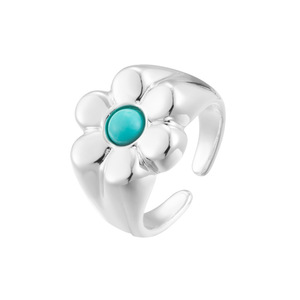 <b>Silver</b> Flower Shaped Open <b>Ring</b> With Turquoise Stone <b>Adjustable</b> Index Finger Jewelry Gift - Product Image 5