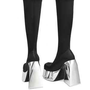 Women Thick Chunky Heels Knee High Platform Boots Triangle Heels Shiny <b>Mirror</b> Bottom Long <b>Square</b> Toe Sock Shoes - Product Image 5