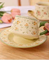 Tasses à thé et à café en céramique avec soucoupe, motif floral aquarelle créatif et exquis, avec boîte cadeau et cuillère