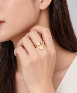 Gold Tone Disc <b>Charm</b> Ring Polished Wide Band with Round Dangle Pendant Minimal Statement Jewelry - Product Image 4
