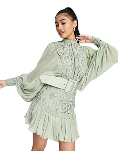 Vestido de Verano Personalizado con Cuello Redondo, Cintura Alta, Manga Abullonada, Encaje, Mini, con Cinturón y Pliegues para Mujer - Product Image 1