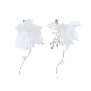 Elegant White Snug Piercing Earrings Rhinestone Ornaments Lace Flower Pendant Earrings