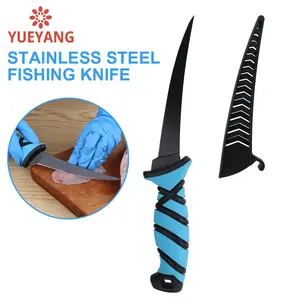 سكين YUEYANG للصيد متعدد الاستعمالات مقاس 7 بوصات مصنوع من الفولاذ المقاوم للصدأ ومزود بنمط مقبض يمنع الانزلاق ومزود بفتحة على شكل حبل