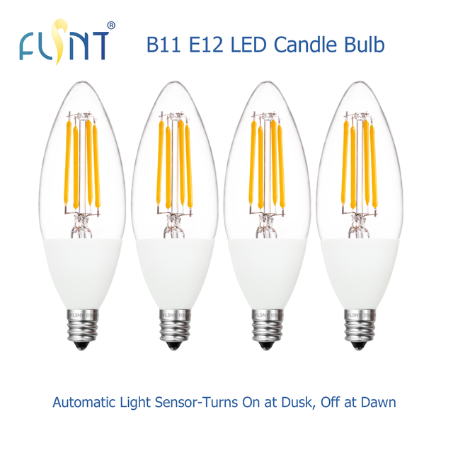 Factory Stock Dusk to Dawn Smart B11 LED Light Bulbs E12 120V 4W 2700K Clear CRI90 Light Sensor for Porch Chandelier 4 Pack