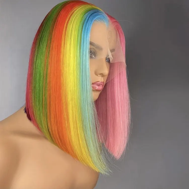 Rainbow Colored Wigs 7 Colors Highlight Pink Blue Yellow Virgin Hair Straight colorful Wigs Lace Front Human Hair Wig