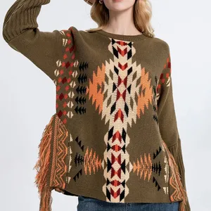 2024 Western Vintage Kleding Hoge Kwaliteit Aztec Print Lange Mouw Tuniek Gebreide Truien Voor Dames