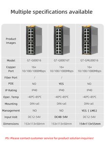 GIANTECH GT-G00016T IP40 POE Switch de Red Industrial de 16 Puertos y 1000Mbps de Alta Eficiencia para Riel DIN con Fuente de Alimentación DC48V - Product Image 1
