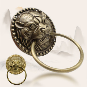 Pomo de puerta chino antiguo de latón con cabeza de tigre y león, instalación con tornillos, manija duradera para puerta de madera - Product Image 1