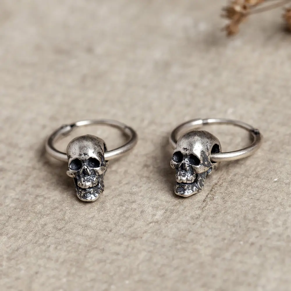 Hoa Tai Hình Tròn Gothic S925 Sterling Silver Bạc Retro Bông Tai Hình Tròn Skull Punk Stud Trang Sức Cho Nam Và Nữ