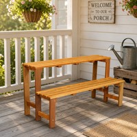 Support à plantes d'extérieur en bois à 2 niveaux, finition huile de teck naturel brun clair, banc à plantes en bois à 2 niveaux pour jardinières