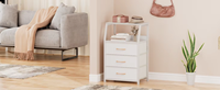 Table de chevet en bois blanc avec 3 tiroirs en tissu et étagère ouverte à 2 niveaux, disponible en OEM/ODM, idéale pour dortoir, chambre et salon