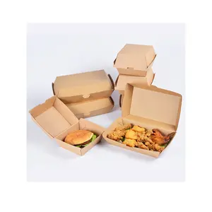 Custom foldable kraft container packaging salad pizza chips fried chicken burger boxes cartons disposable hamburger paper box