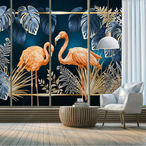 Papel Tapiz Autoadhesivo de Seda con Fondo <span class=keywords><strong>Azul</strong></span> Profundo, Flamencos y Plantas Tropicales, Impermeable, Fácil de Instalar, Moderno, para Dormitorio - Product Image 1