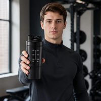 Bouteille de sport en acier inoxydable 304 à double compartiment, gobelet shaker 591+200 ml avec boîte à poudre et échelle de mesure