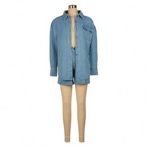 Siap kirim S-2XL butik pakaian musim gugur jaket setelan 2 potong jeans denim wanita set celana pendek - Product Image 5