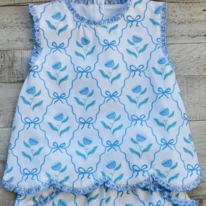 GSSO3426 Conjunto de ropa de verano para niña pequeña con estampado de flores azules, venta al por mayor, conjunto de ropa infantil de manga corta para niña - Product Image 1