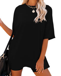 เสื้อยืดผู้หญิงเปิดไหล่, ชุดสตรีทแวร์ผ้าฝ้ายเสื้อยืดสีพื้นเสื้อยืดตัวหลวมโอเวอร์ไซส์ - Product Image 2