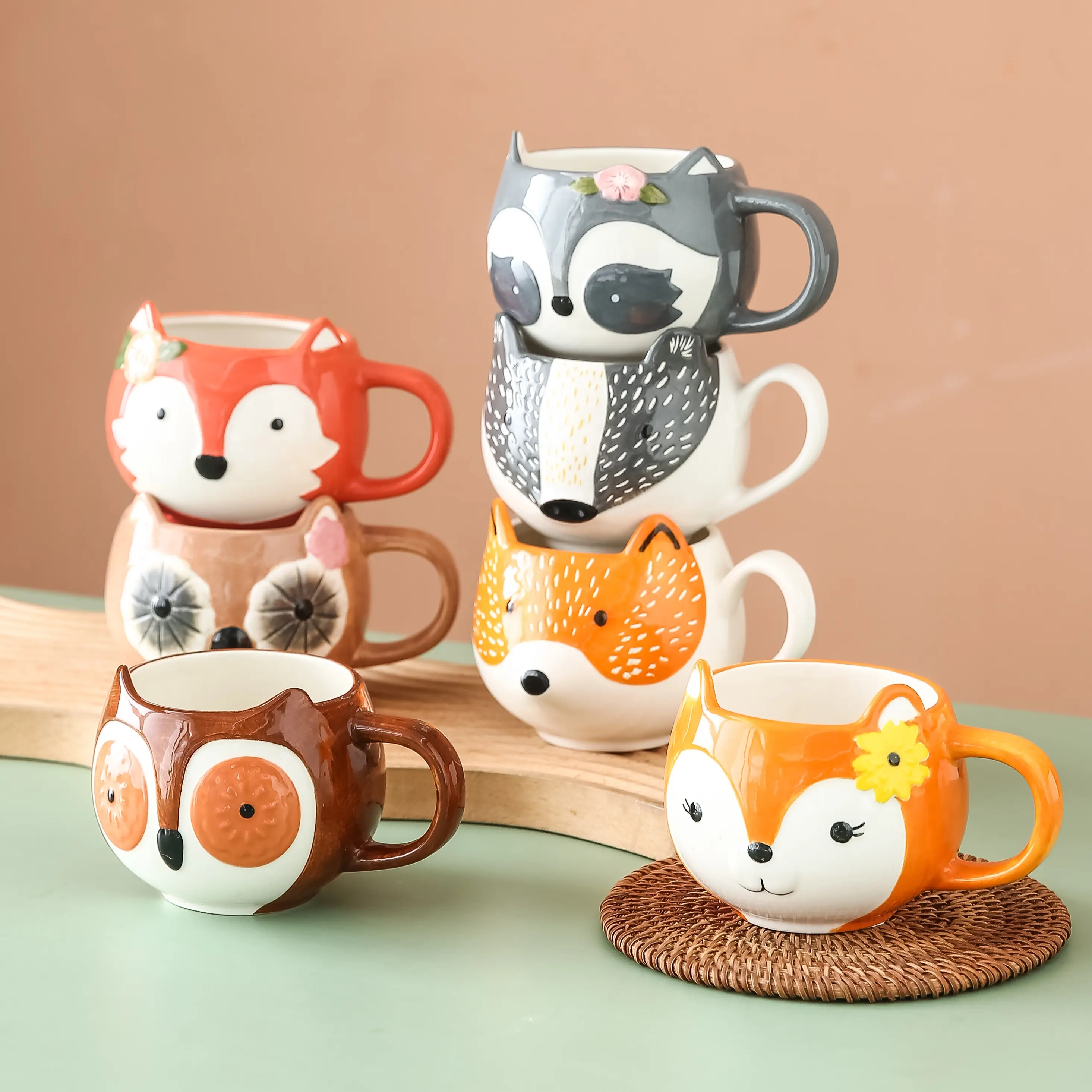 Novità europa cartone animato 3d animale a forma di viso personalizzato dipinto a mano tazza in ceramica tè tè animali tazze con manico
