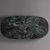 Table basse en marbre vert veiné brillant, plateau ovale en pierre massif, base conique, décoration contemporaine pour la maison, table de rêve