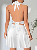 2025 Custom Logo Summer Sexy Women's Mini Dress Deep V-neck New Low-cut Halter Sleeveless Ruffled A-line Party Dress
