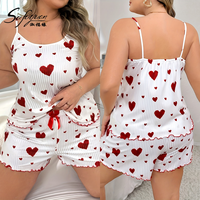 Pyjama imprimé cœur Sfy-y1360 pour femmes rondes, ensemble décontracté 3 pièces avec débardeur côtelé, short et bonnet de douche