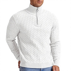 Pull en maille blanc pour homme, col montant zippé, manches longues, uni, décontracté, pour l'hiver, en acrylique anti-boulochage - Product Image 1