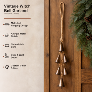 Guirnalda de Campanas de Bruja Metálicas Vintage Personalizadas OEM con Cuerda de Yute y Acabado en Cobre Antiguo para Decoración Navideña de Puertas, Paredes y Hogar - Product Image 1