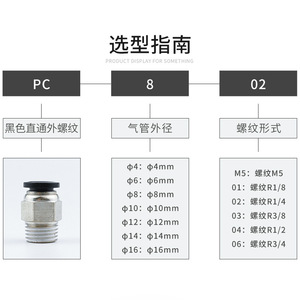Pc8 02 Black Straight Through Pneumatic <b>Quick</b> <b>Connector</b> 6mm Tube Outer Diameter R1 4 Thread Form - Product Image 1